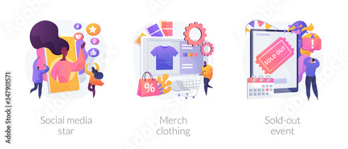 Celebrity media engagement abstract concept vector illustration set. Social media star, merch clothing, sold-out event, account monetization, branded design, show overbooking abstract metaphor.