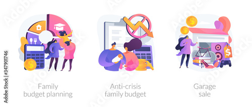 Family budget planning abstract concept vector illustration set. Anti-crisis family budget, garage sale, economic decision, family income, budget saving, flea market, second hand abstract metaphor.