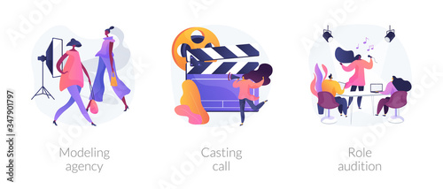 Fashion and movie industry abstract concept vector illustration set. Modeling agency, casting call, role audition, commercial shootings, brand advertising, talent search, interview abstract metaphor.