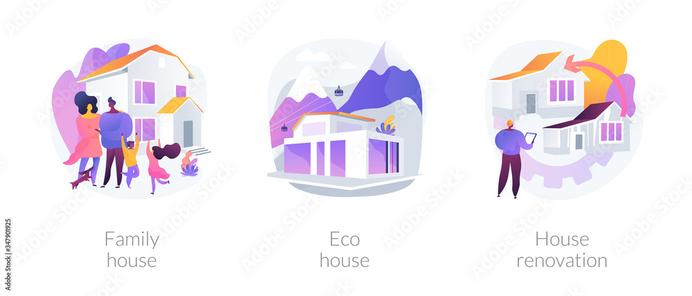 Private property and construction service abstract concept vector illustration set. Family home, eco house listing, single-family detached house renovation, environmentally friendly abstract metaphor. Private property and construction service abstract concept vector illustration set. Family home, eco house listing, single-family detached house renovation, environmentally friendly abstract metaphor.