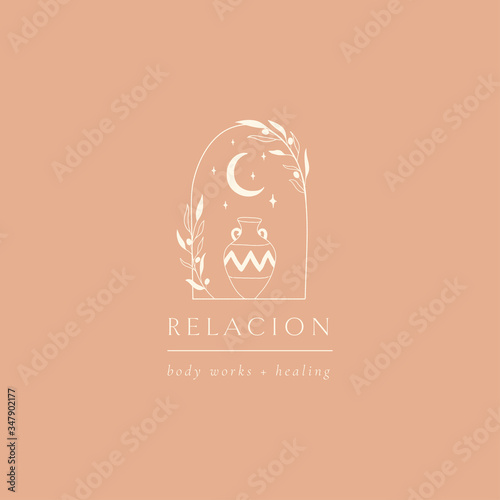 abstract hand drawn crescent moon logo with greek amphora, stars and olive brunches leaves in a frame. icon, vector illustration in trendy line linear art style. Branding