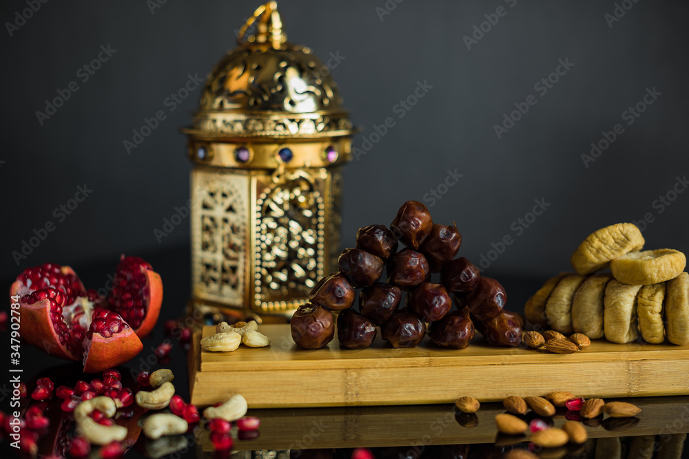 Islamic greeting Eid Mubarak cards for Muslim Holidays, fruits dates, pomegranate, nuts, figs
