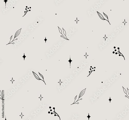 Vector Hand Drawn Line Drawing Doodle Floral Seamless Pattern with Wildflower...