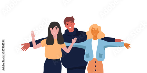 Group portrait of friends. Smiling teenagers standing together. Young happy people standng together. 