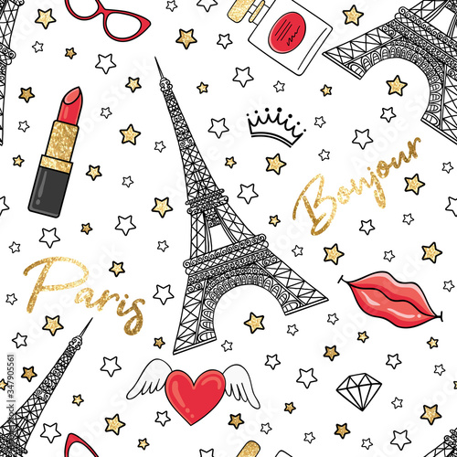 Bonjour Paris seamless fashion pattern with gold glitter stars, lipstick, heart, lips, sunglasses and Eiffel Tower on white background