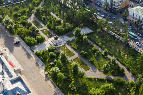 Aerial view of the Government Palace Garden at the Mongolian Parliament Building in Ulaanbaatar, the capital of Mongolia, circa June 2019