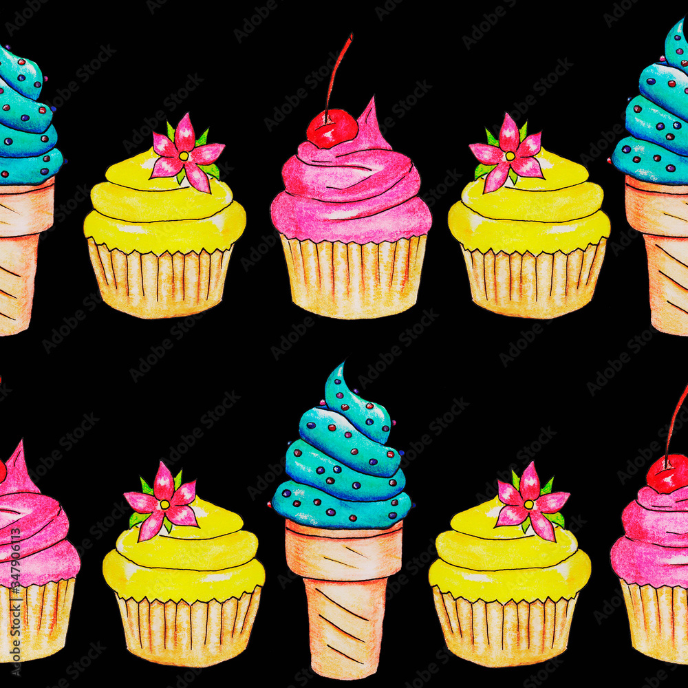 ice cream, blue, sweet, light, tasty, mouth-watering, summer, dessert, children's, festive in a waffle cone and two cakes yellow and pink with cherry and vanilla flower ice cream, blue, sweet, light, tasty, mouth-watering, summer, dessert, children's, festive in a waffle cone and two cakes yellow and pink with cherry and vanilla flower