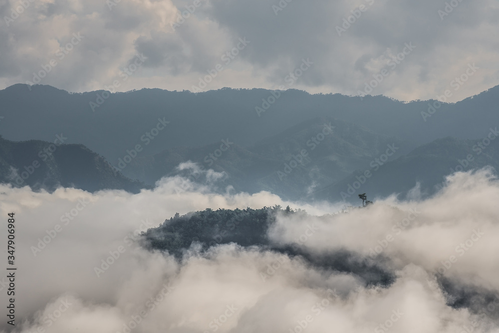 Sea of mist, mountains above the clouds with green forests and mountains ridge and mountains peak. Beautiful in nature landscape, Mae Moei national park, Tak province, Thailand. 