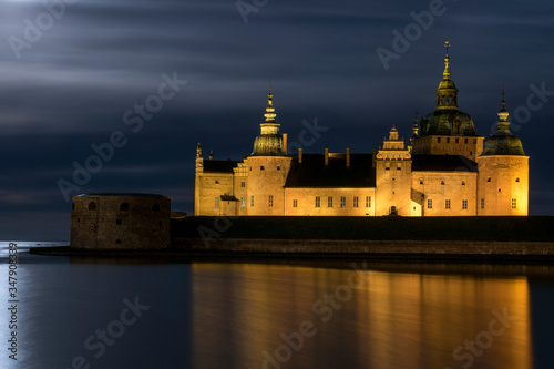 Kalmar, Sweden The grounds of the Kalmar Castle at night and moonlight.