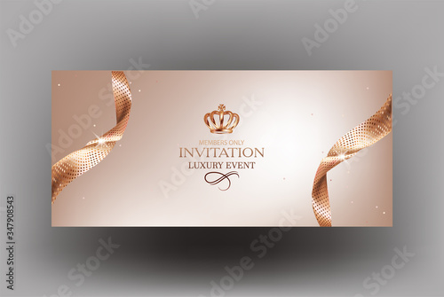 Elegant invitation card with sparkling gold ribbons and crown. Vector illustration