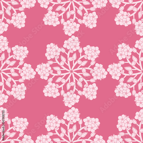 Pink floral medallion vector repeat pattern. Flowers, leaves and buds seamless illustration background.