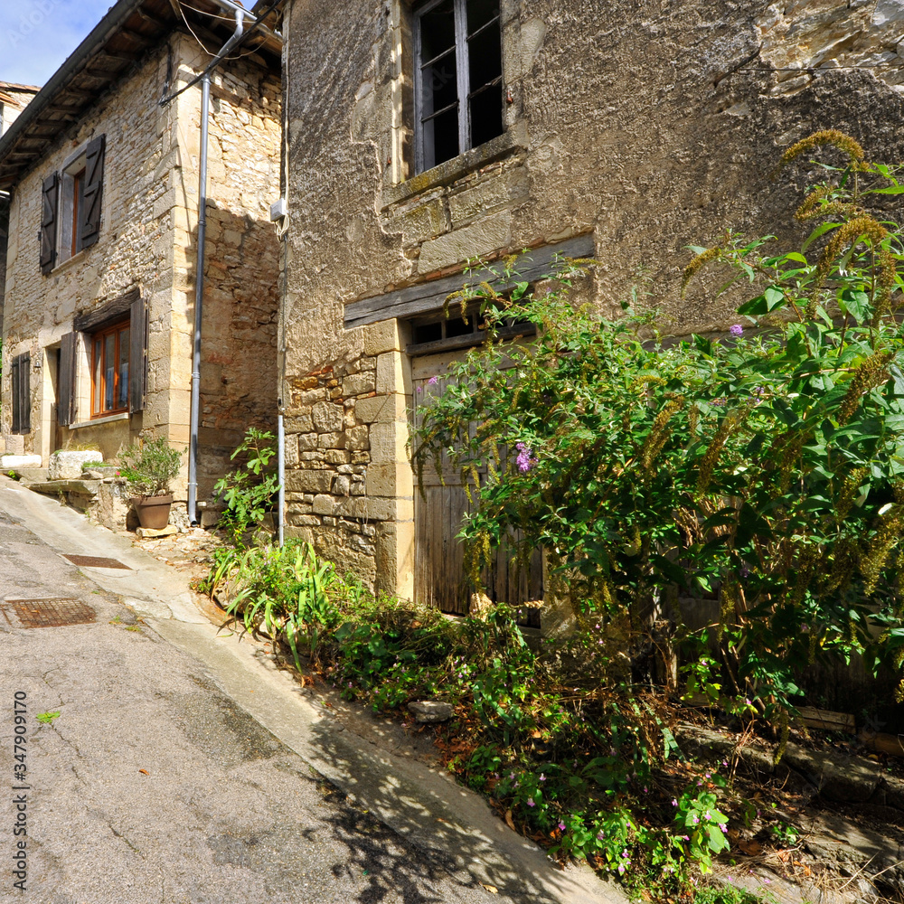 Vieilles maisons en pierres fleuries en Occitanie, France