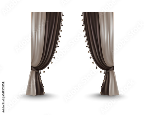 Realistic pleated curtains with fringe. Vector illustration