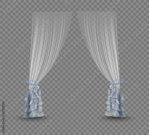 Realistic transparent curtains with frills. Vector illustration