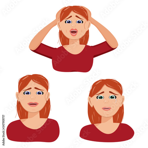 Flat vector character illustration. Set of tired woman, sleepy mood, weak health, mental exhausted, vector flat illustration. Set woman is experiencing fear, horror, depression, sadness, stress.