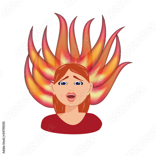 Flat vector character illustration. Conceptual image of emotional burnout. Burning brain of tired woman, weak health, mental exhausted. Woman is experiencing fear, depression, sadness, stress.