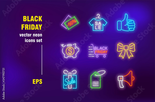 Black Friday neon signs set. Special offer, discount coupon, shopping cart, tag, customer satisfaction. Night bright advertising. Vector illustration in neon style for sale banners, signboards, flyers