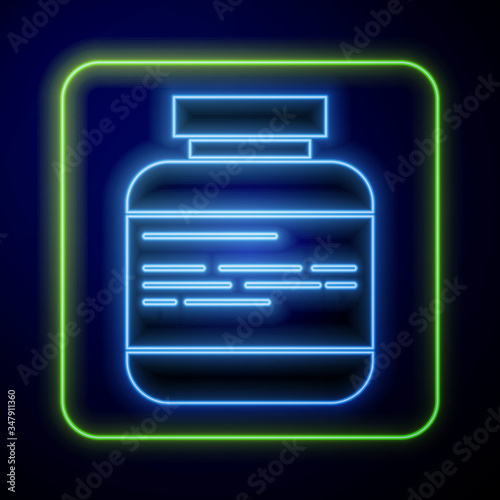 Glowing neon Medicine bottle and pills icon isolated on blue background. Medical drug package for tablet, vitamin, antibiotic, aspirin