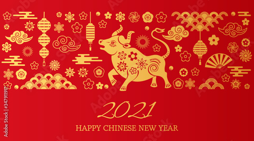Happy chinese new year. the white metal ox is a symbol of 2021, the Chinese New Year.