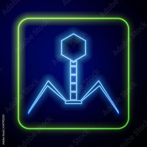 Glowing neon Bacteria bacteriophage icon isolated on blue background. Bacterial infection sign. Microscopic germ cause diseases concept