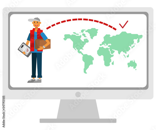 happy courier delivery around the world on time on map background vector, flat style