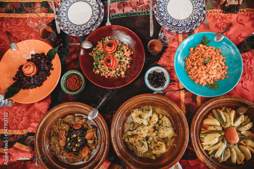 Overhead view of moroccan food on table