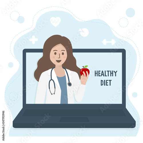 Female nutritionist doctor or dietician with stethoscope holding fresh fruit on laptop screen. Online diet consultation, healthcare and nutrition plan concept. Flat style vector illustration.