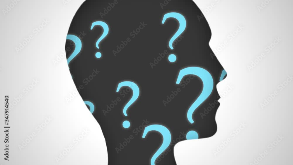 Digital animation of human head full of questions Digital animation of human head full of questions