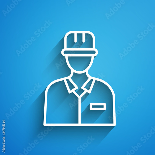 White line Oilman icon isolated on blue background. Long shadow