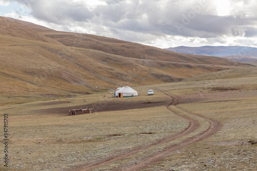 Nomad yurt in the mountain valley of Central Asia Mongolia