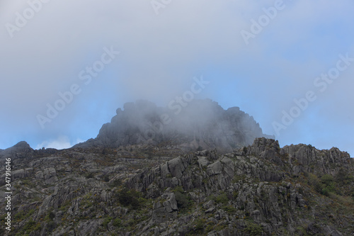 Mountain landscape with amazing morning mist in Peneda-Geres National Park, Portugal