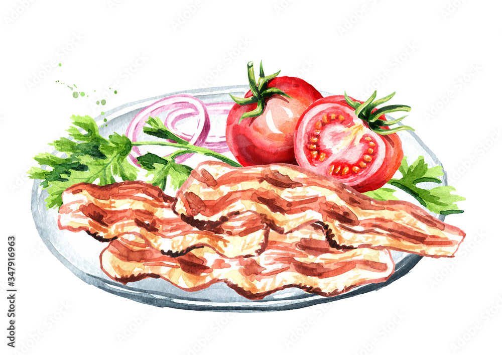 Fried bacon pieces with salad and tomatoes. Hand drawn watercolor illustration isolated on white background Fried bacon pieces with salad and tomatoes. Hand drawn watercolor illustration isolated on white background