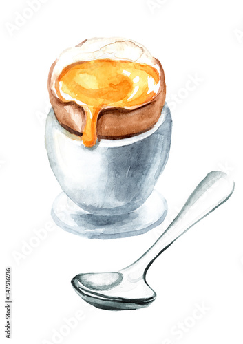 Brown soft boiled egg for breakfast. Hand drawn watercolor illustration isolated on white background