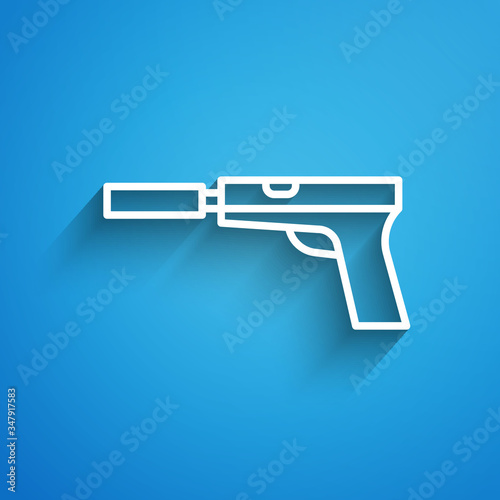 White line Pistol or gun with silencer icon isolated on blue background. Long shadow