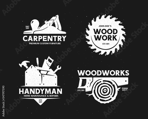 Carpentry woodworks handyman labels set. Vector illustration.