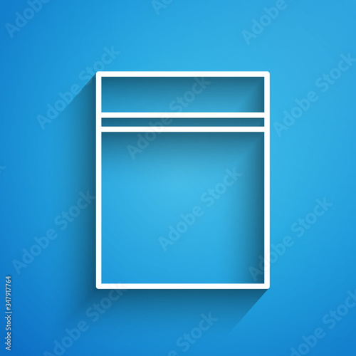White line Plastic bag with ziplock icon isolated on blue background. Long shadow