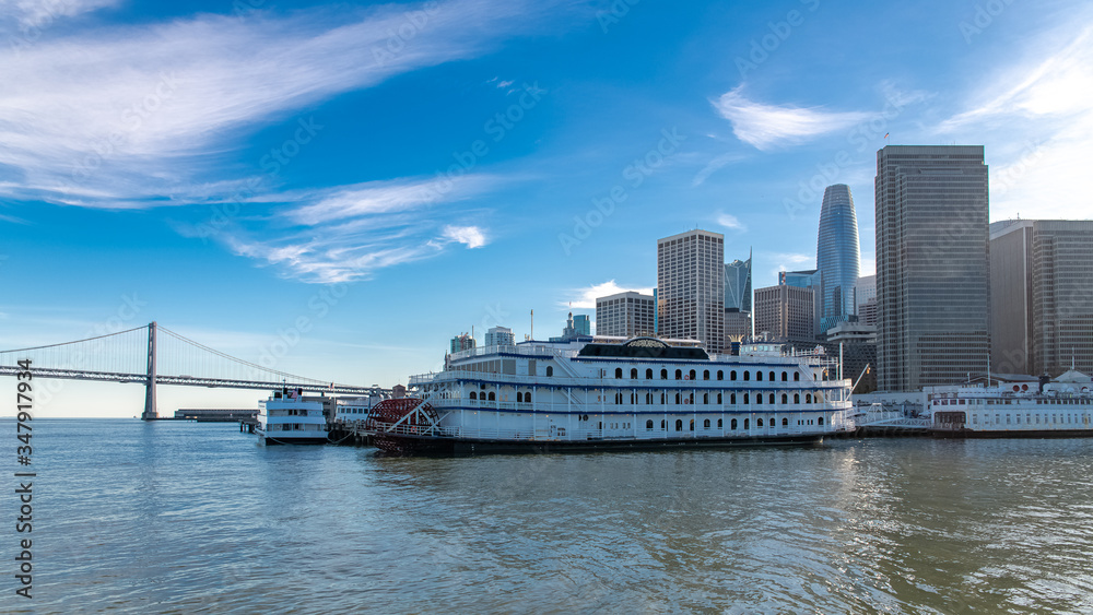 San Francisco, the Embarcadero, downtown, view from the pier, panorama with a cruise ship
