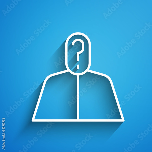 White line Anonymous man with question mark icon isolated on blue background. Unknown user, incognito profile, business secrecy, obscurity. Long shadow