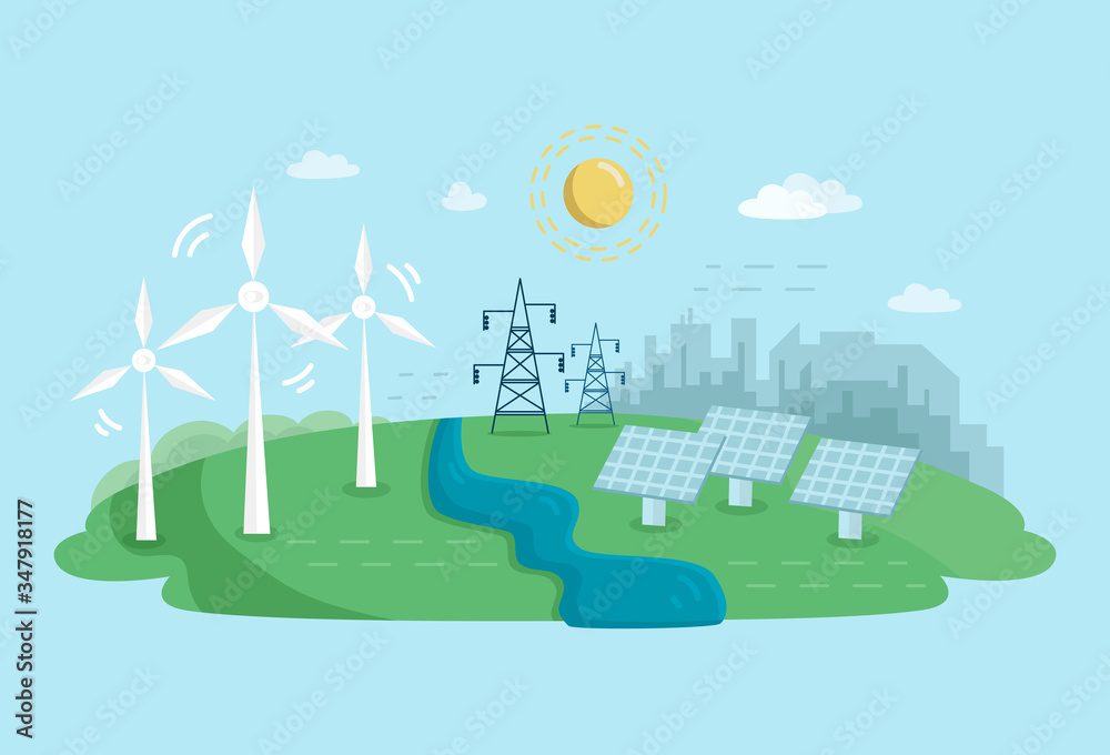 Alternative Clean Energy Concept with Wind Turbines and Solar Panels. Renewable Power Sources with Windmills. Vector flat illustration