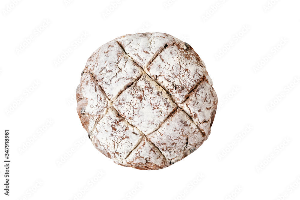 Bread Round Brown Isolated on White Background Copyspace Top View. Appetizing Freshness Cooked Aromatic Diet Whole Rye Food Covered with Flour. Delicious Homemade Bakery Culinary Recipe Bread Round Brown Isolated on White Background Copyspace Top View. Appetizing Freshness Cooked Aromatic Diet Whole Rye Food Covered with Flour. Delicious Homemade Bakery Culinary Recipe