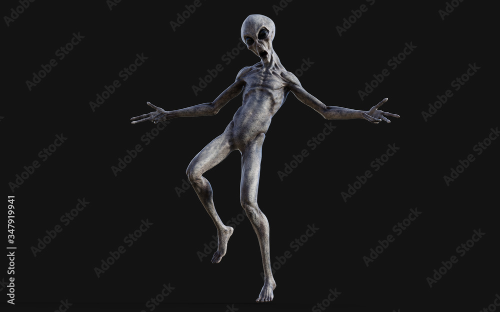 3d Illustration of a gray alien on dark background with clipping path.