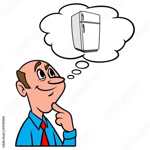 Thinking about a Refrigerator - A cartoon illustration of a man thinking about a new Refrigerator.
