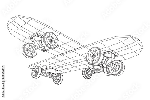 Skateboard longboard pennyboard. Eco alternative city transport. Wireframe low poly mesh vector illustration.