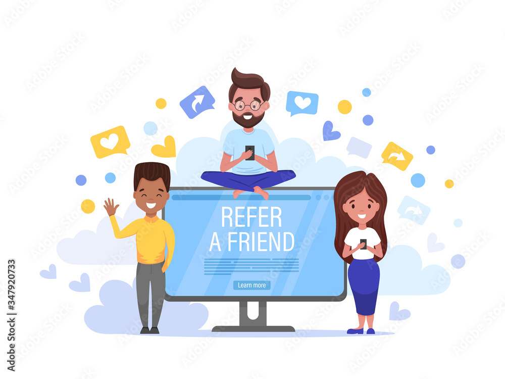 Refer a friend horizontal banner. Group of young men and women attracts customers for money and gifts. Referral program, poster, landing page template, ui, web, mobile app. Flat vector illustration Refer a friend horizontal banner. Group of young men and women attracts customers for money and gifts. Referral program, poster, landing page template, ui, web, mobile app. Flat vector illustration