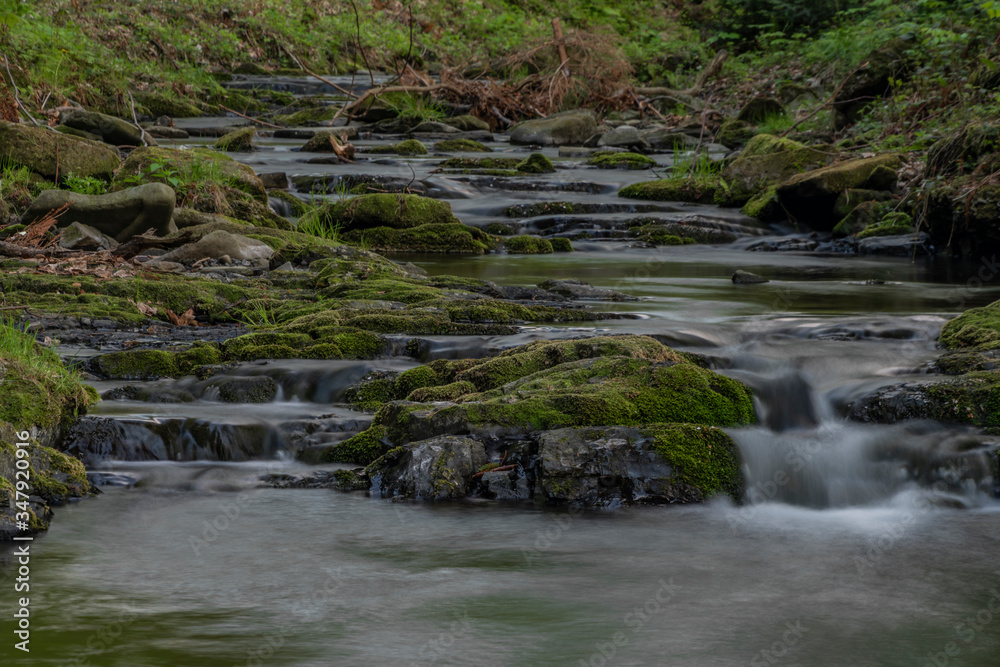 Lomna river in Trojanovice village in spring hot day Lomna river in Trojanovice village in spring hot day