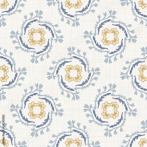 
Seamless daisy pattern in french blue linen shabby chic style. Hand drawn floral damask texture. Old white blue background. Farmhouse style wallpaper home decor swatch. Flower motif all over print