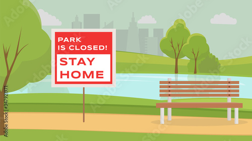 City park and placard. Urban park with lake during global pandemic of Coronavirus COVID-19 vector flat illustration.
