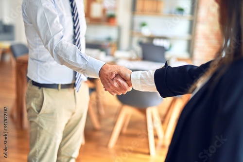 Two middle age business workers working together shaking hands at the office