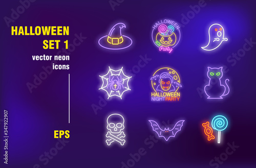Halloween neon signs set. Glowing pumpkin, witch hat, black cat, skull. Night bright advertising. Vector illustration in neon style for festive party invitations, banners, posters design
