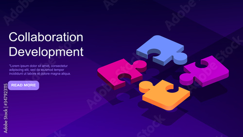 Collaborative development, isometric business concept vector. Color puzzle elements or icons on ultraviolet background Teamwork, cooperation, partnership and trust concept EPS